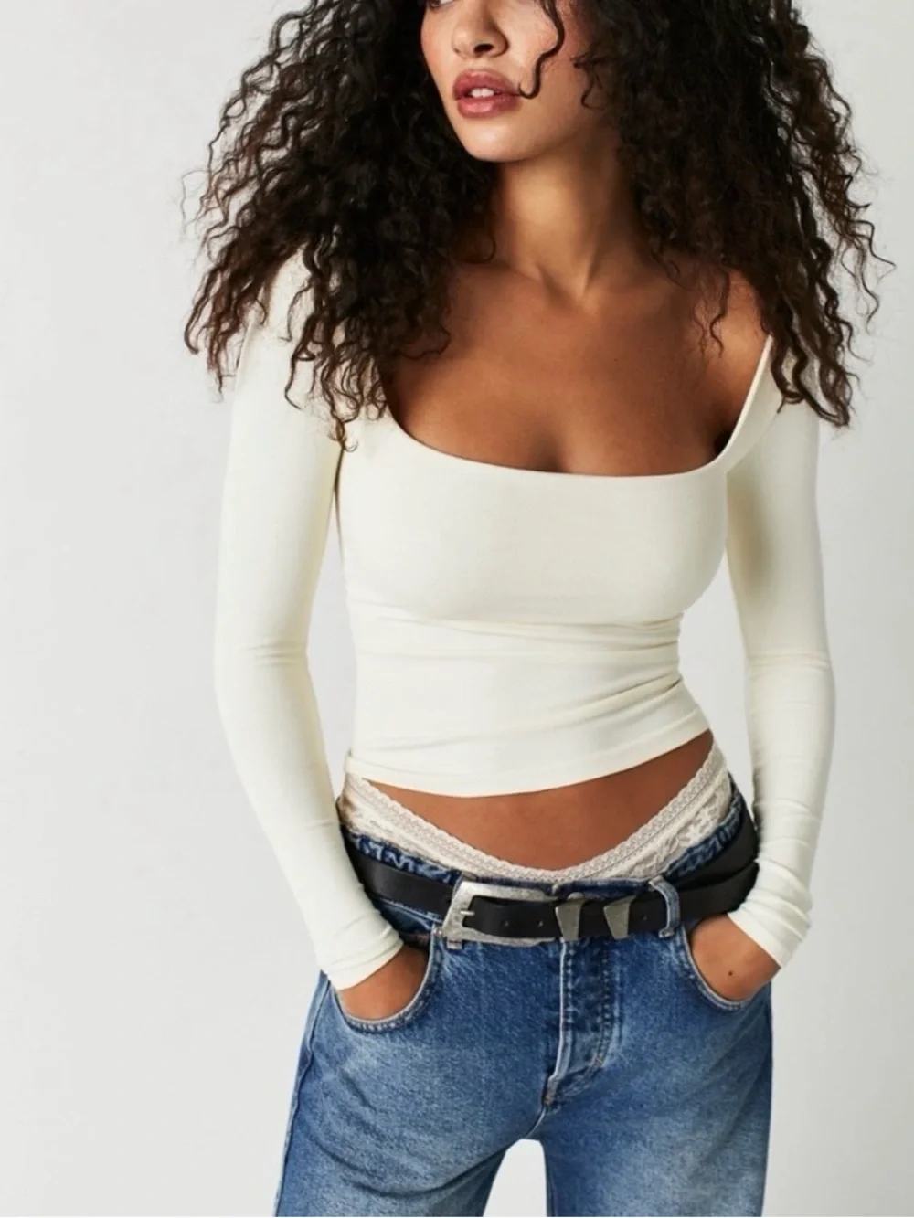 Free People Square Neck Long Sleeve Top in White